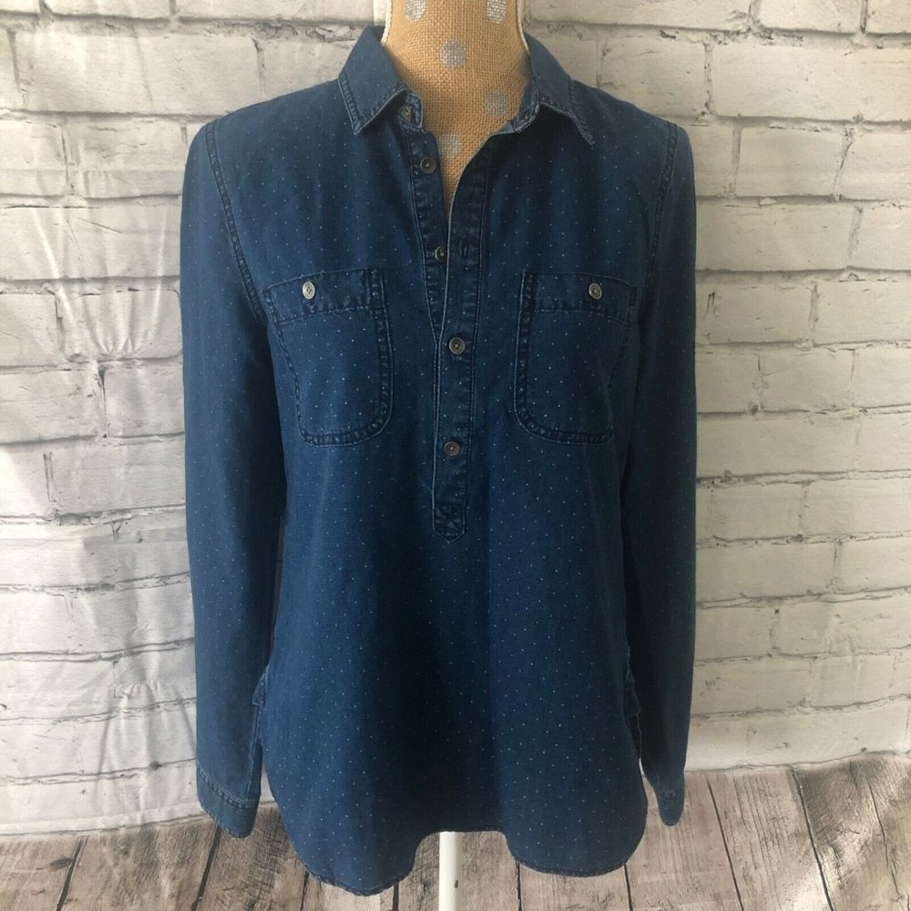 Madewell Top Chambray Pindot Popover Blue Long Sleeve Button Up Shirt Women's M